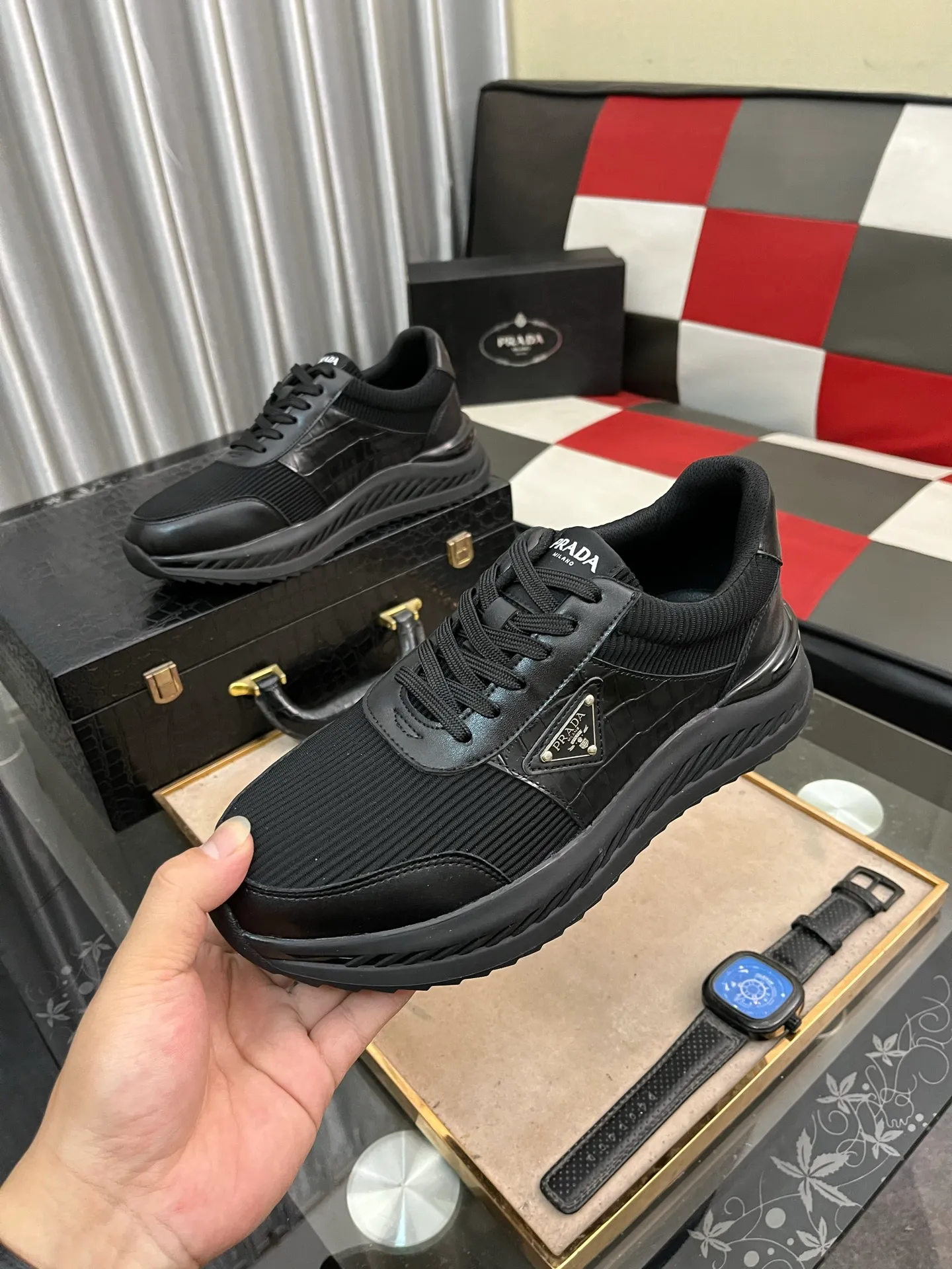 Men's shoes 💰458⌚️⌚️[PRADA] Prada Hong Kong counter casual shoes, counter quality, high-quality workmanship, uppers made of imported breathable fly-knit mesh fabric, comfortable and breathable lining, original air-cushion elastic outsole, casual fashion, high-end quality, size: 38-444️⃣Colors available